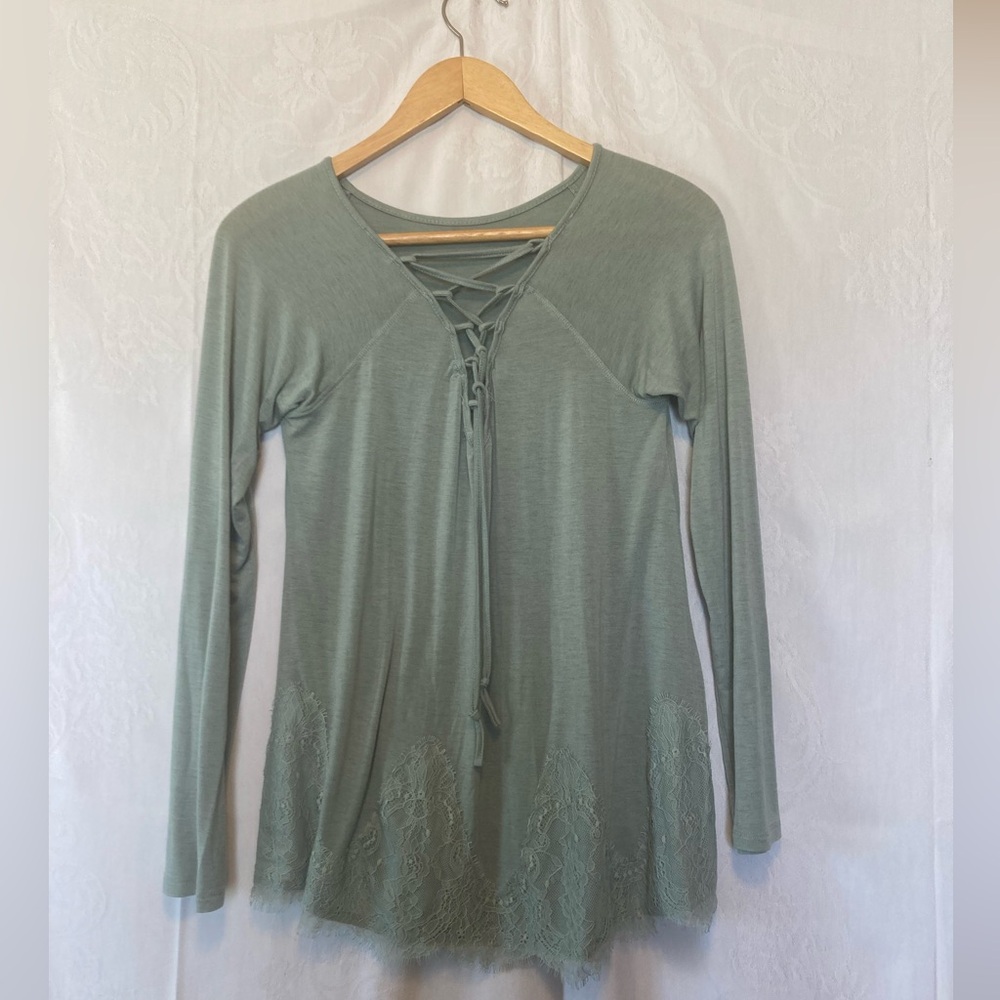 Rewind Medium Green Long Sleeve Lace Bohemian Blouse Y2K Fairycore Cottagecore